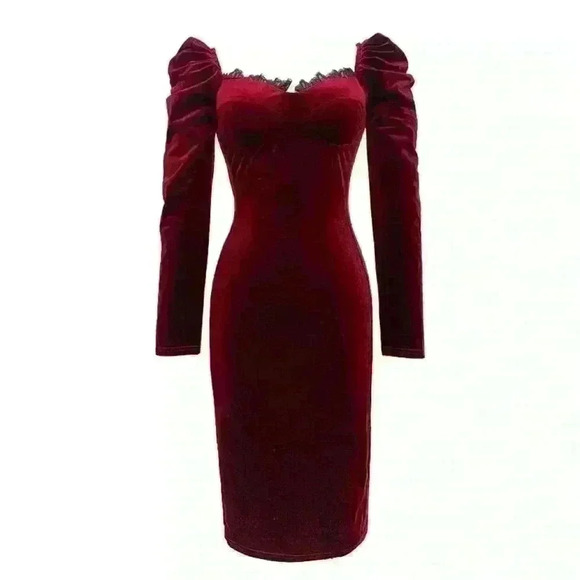 Gabriella Velvet Burgundy Midi Dress with Puff Sleeves - Picture 1 of 2